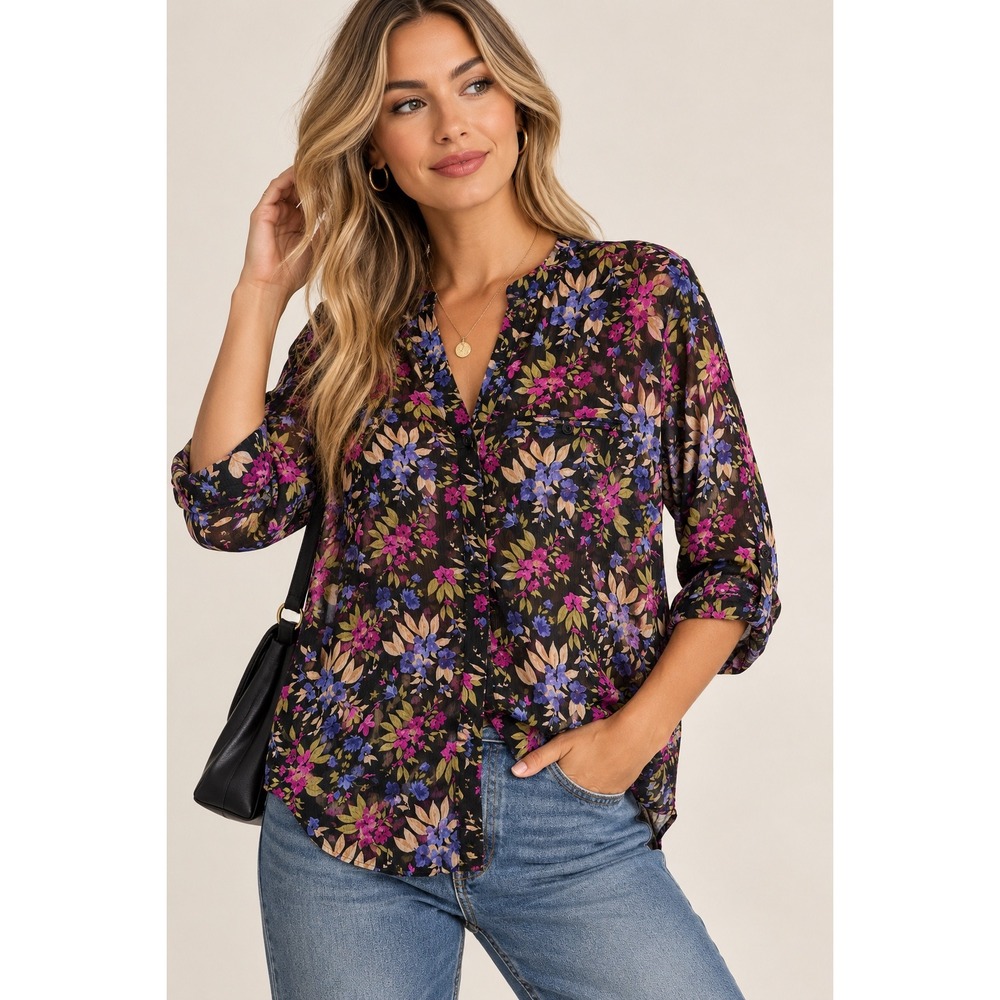 KUT From The Kloth Quartu Deep Sea Floral Sheer Blouse XL Roll Tab Boho